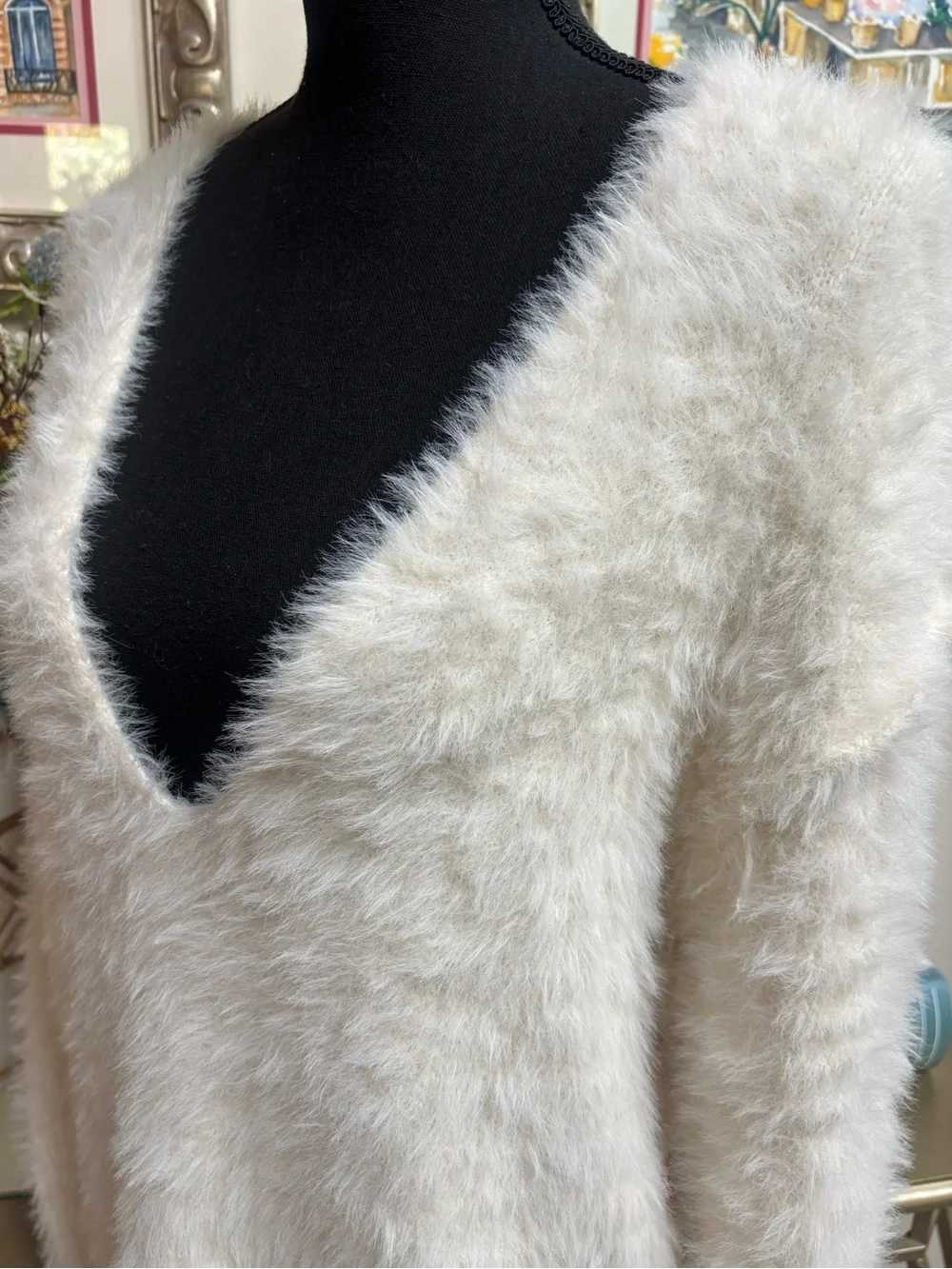 Free People Serendipity White Fuzzy Deep V-Neck Plush Sweater Oversized Size L